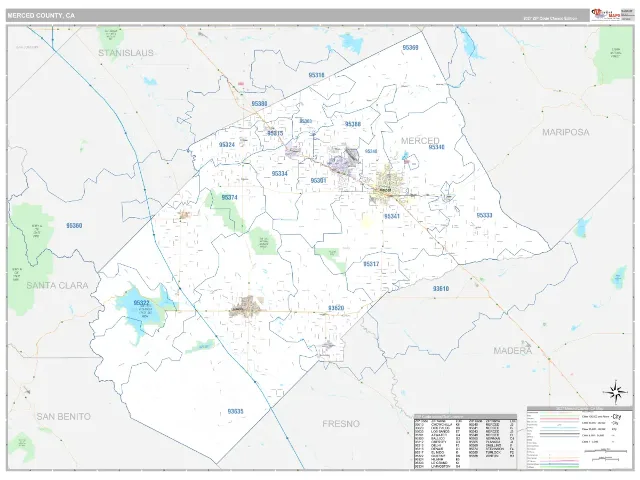 Merced County, CA ZIP Code Wall Map, Classic style