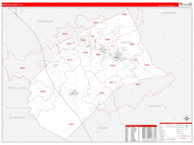 Merced County, CA ZIP Code Wall Map, RedLine style