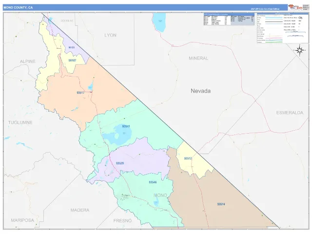 Mono County, CA ZIP Code Wall Map, ColorCast style