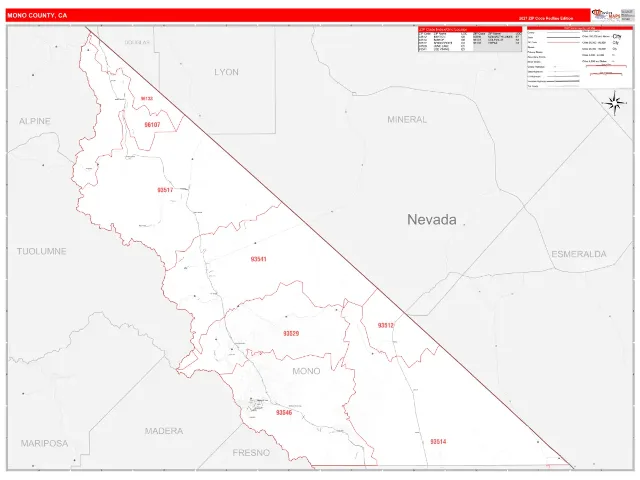 Mono County, CA ZIP Code Wall Map, RedLine style