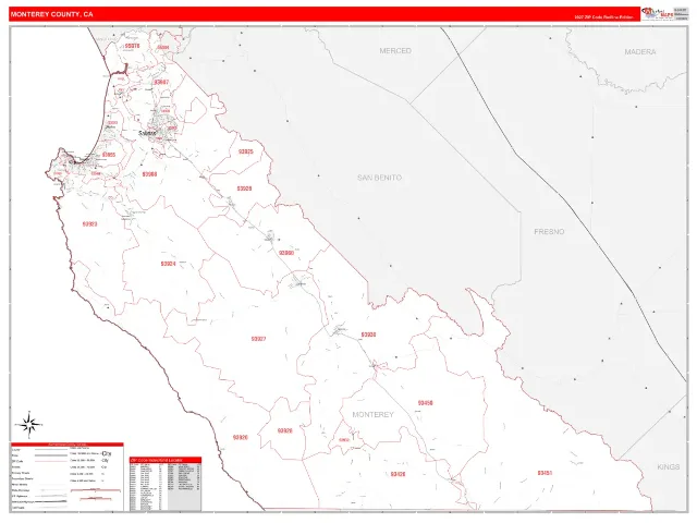 Monterey County, CA ZIP Code Wall Map, RedLine style