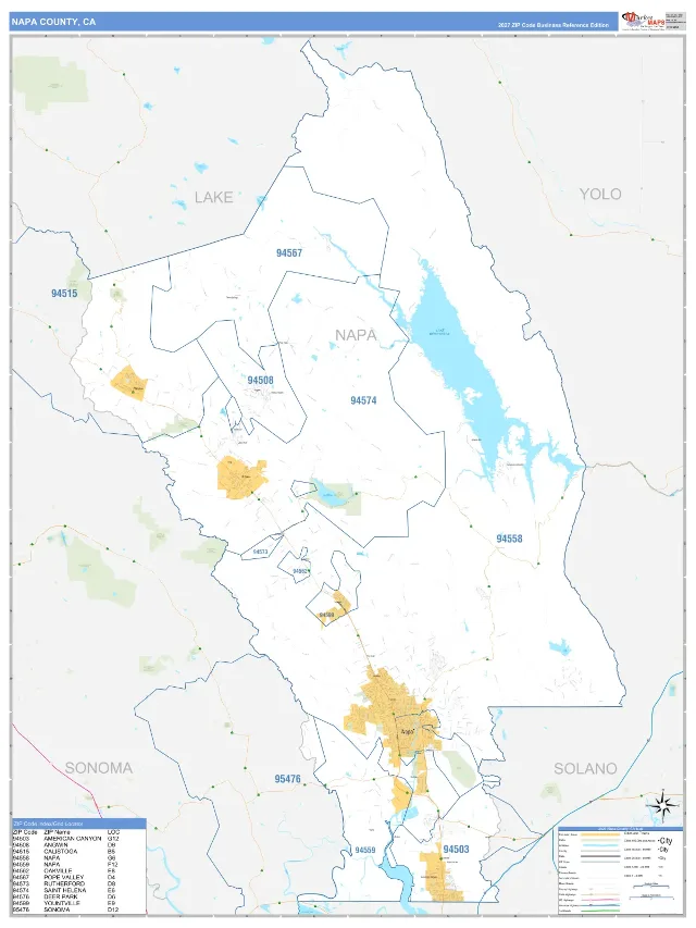 Napa County, CA ZIP Code Wall Map, Business Reference style