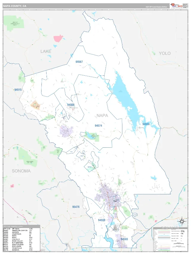 Napa County, CA ZIP Code Wall Map, Classic style