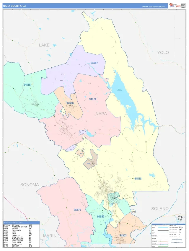 Napa County, CA ZIP Code Wall Map, ColorCast style