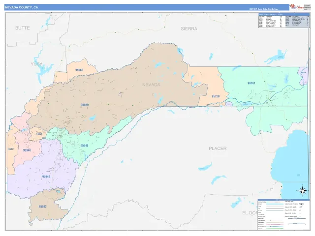 Nevada County, CA ZIP Code Wall Map, ColorCast style