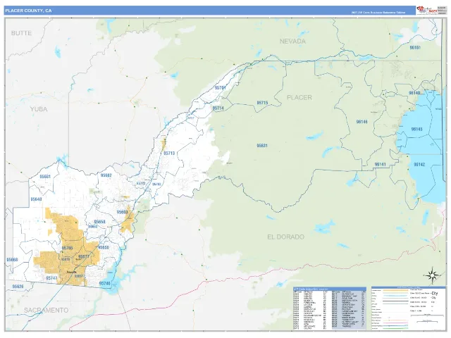 Placer County, CA ZIP Code Wall Map, Business Reference style