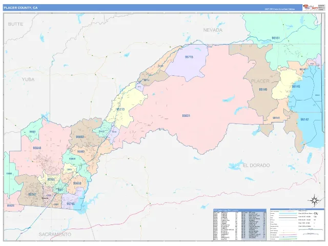 Placer County, CA ZIP Code Wall Map, ColorCast style