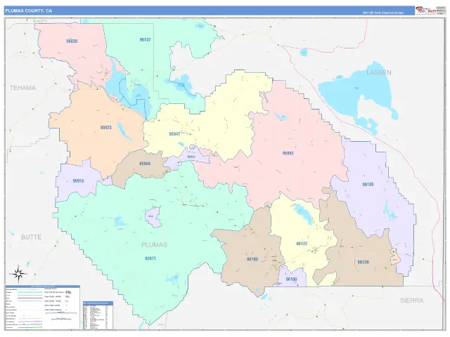 Plumas County, CA ZIP Code Wall Map, ColorCast style
