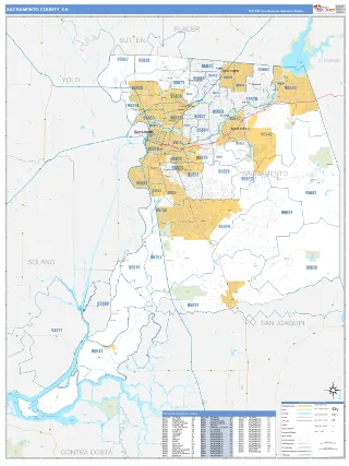Sacramento County, CA Business Reference style ZIP Code wall map