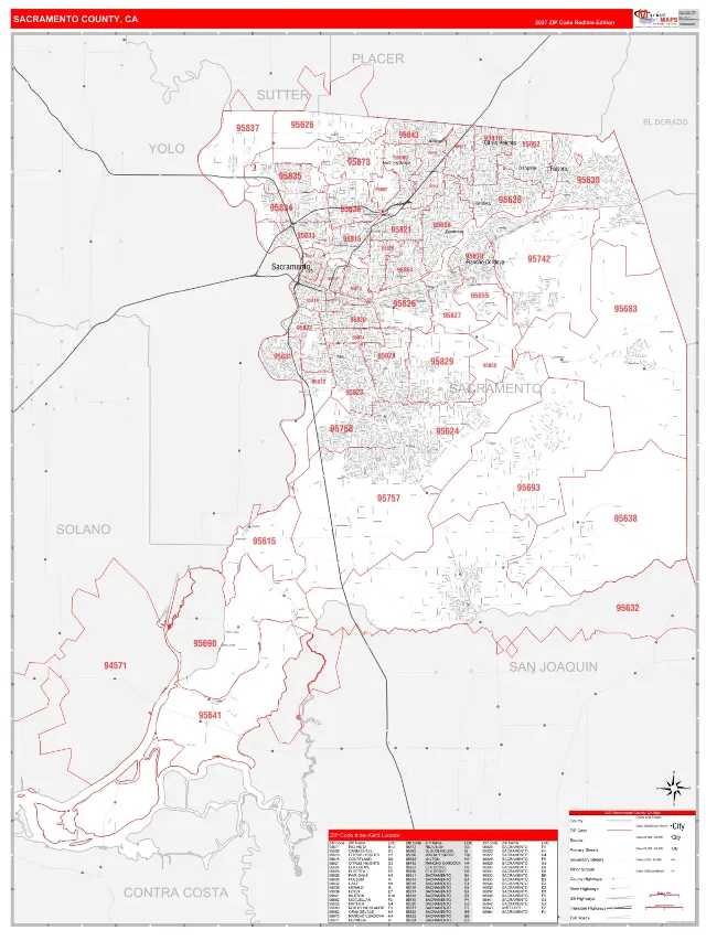 Sacramento County, CA ZIP Code Wall Map, RedLine style