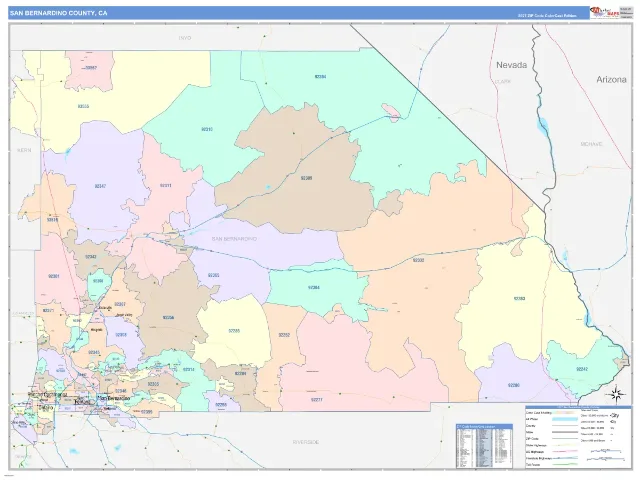 San Bernardino County, CA ZIP Code Wall Map, ColorCast style