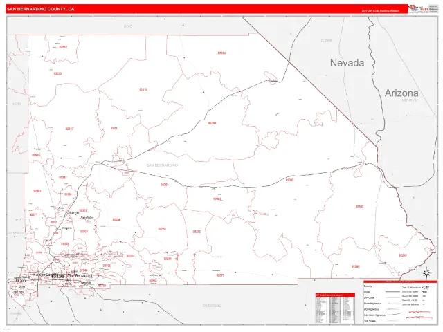 San Bernardino County, CA ZIP Code Wall Map, RedLine style