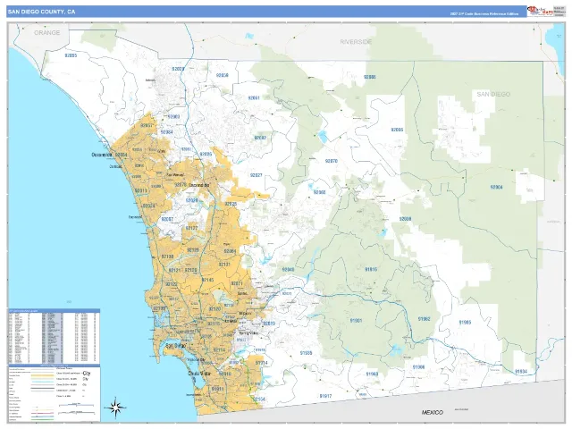 San Diego County, CA ZIP Code Wall Map, Business Reference style