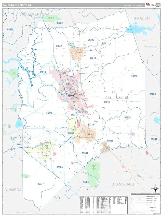 San Joaquin County, CA ZIP Code Wall Map, Classic style