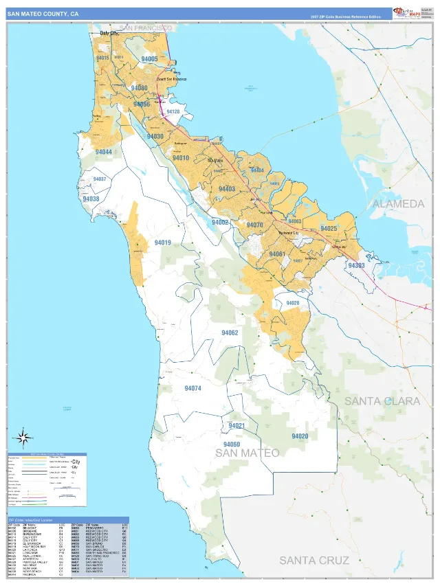 San Mateo County, CA ZIP Code Wall Map, Business Reference style