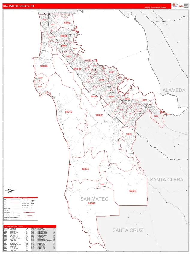 San Mateo County, CA ZIP Code Wall Map, RedLine style