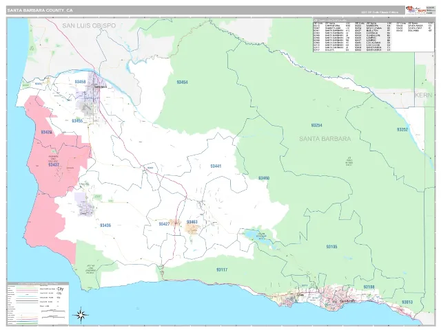 Santa Barbara County, CA ZIP Code Wall Map, Classic style