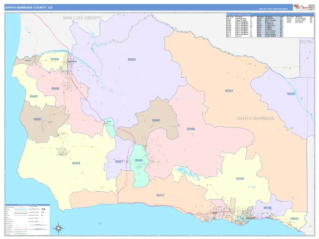 Santa Barbara County, CA ZIP Code Wall Map, ColorCast style
