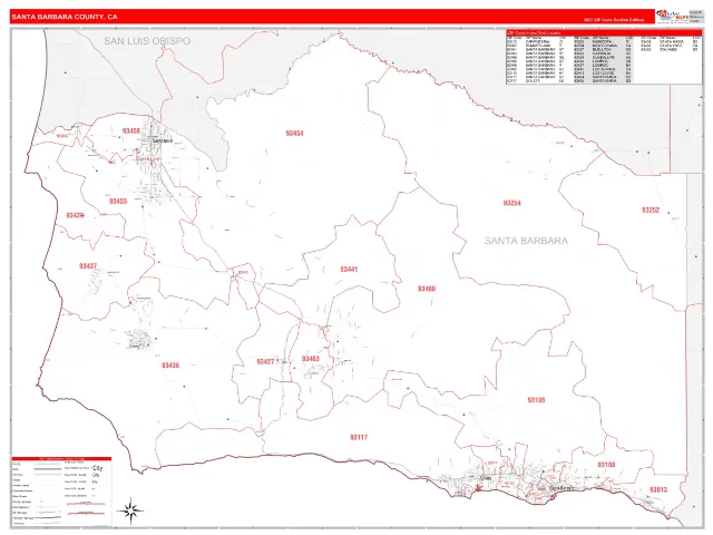 Santa Barbara County, CA ZIP Code Wall Map, RedLine style