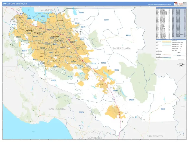 Santa Clara County, CA ZIP Code Wall Map, Business Reference style