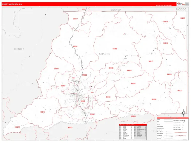 Shasta County, CA ZIP Code Wall Map, RedLine style