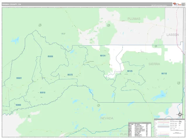 Sierra County, CA ZIP Code Wall Map, Classic style