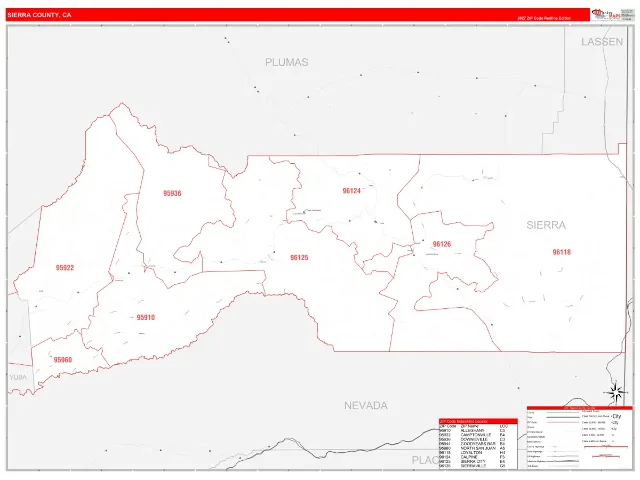 Sierra County, CA ZIP Code Wall Map, RedLine style