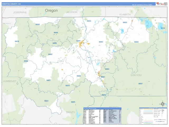 Siskiyou County, CA ZIP Code Wall Map, Business Reference style