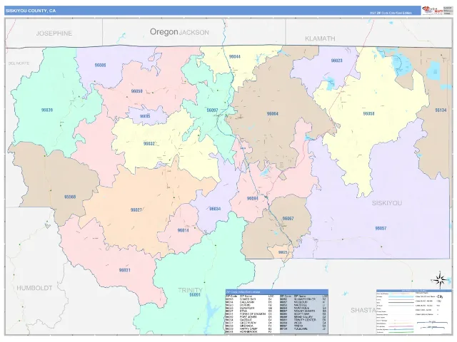 Siskiyou County, CA ZIP Code Wall Map, ColorCast style