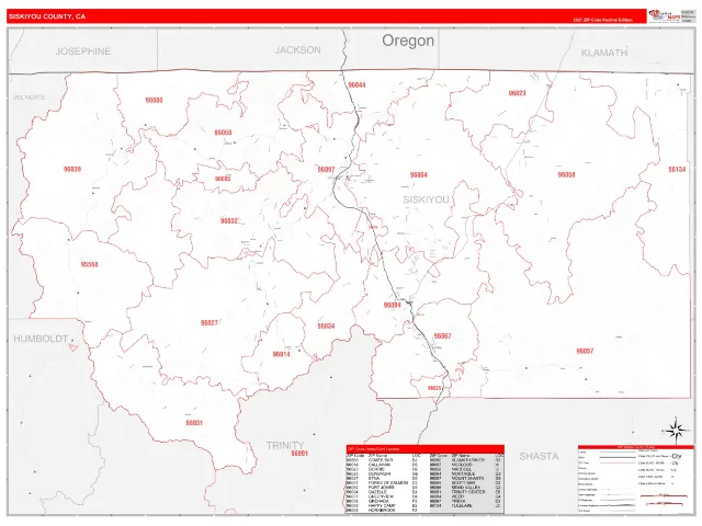 Siskiyou County, CA ZIP Code Wall Map, RedLine style