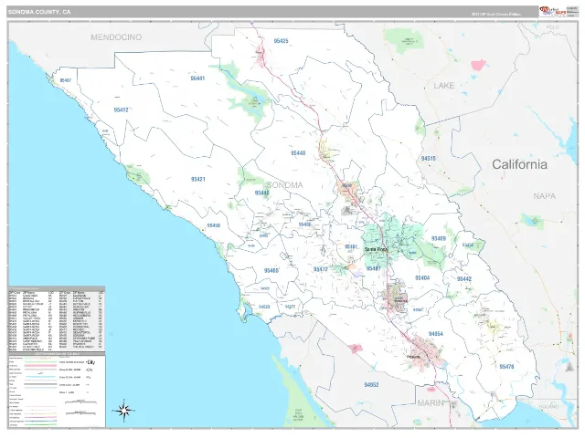 Sonoma County, CA ZIP Code Wall Map, Classic style