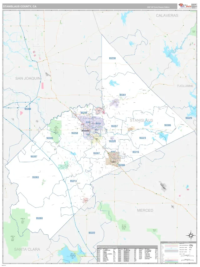 Stanislaus County, CA ZIP Code Wall Map, Classic style