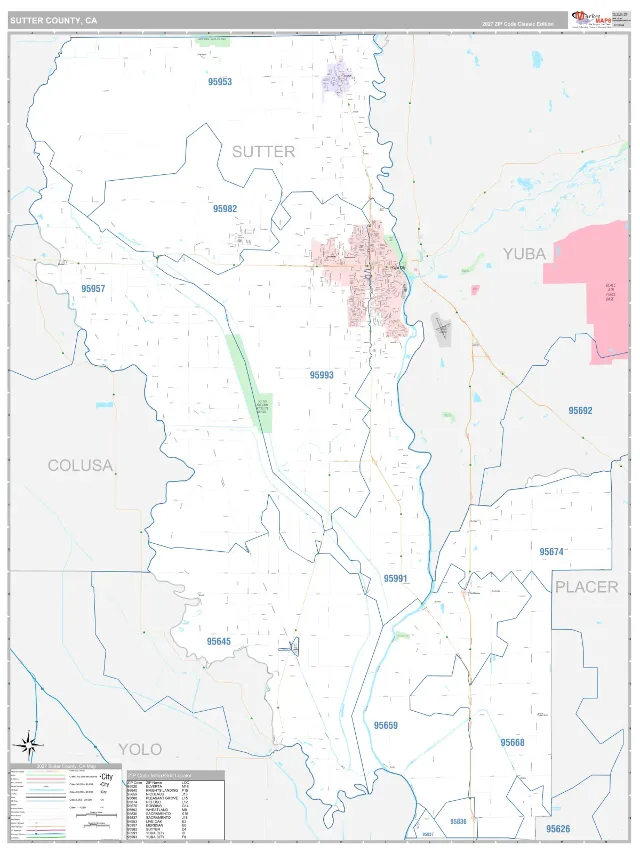Sutter County, CA ZIP Code Wall Map, Classic style