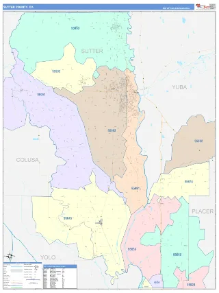 Sutter County, CA ColorCast style ZIP Code wall map