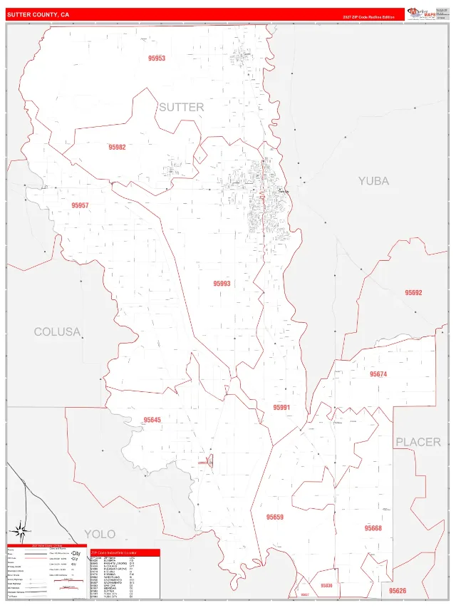 Sutter County, CA ZIP Code Wall Map, RedLine style