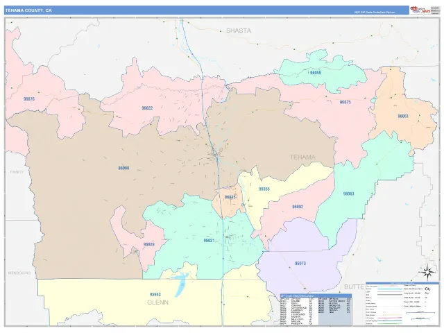 Tehama County, CA ZIP Code Wall Map, ColorCast style