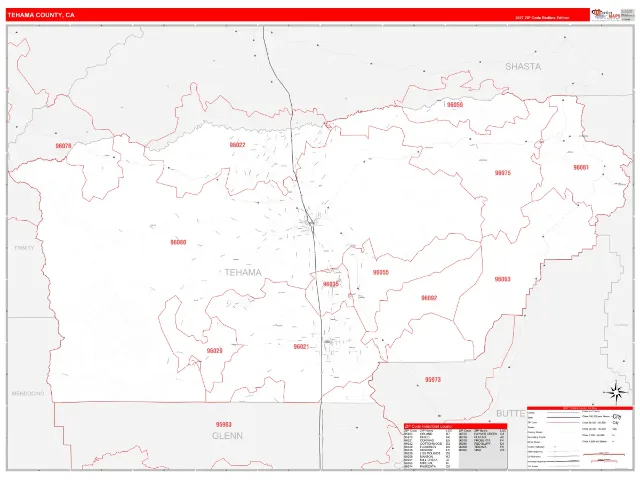 Tehama County, CA ZIP Code Wall Map, RedLine style