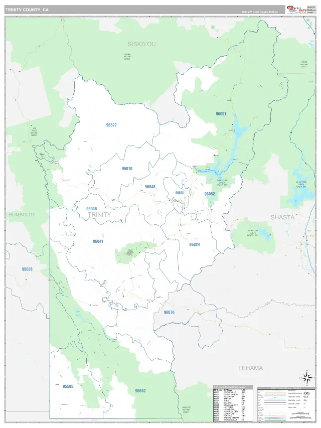 Trinity County, CA ZIP Code Wall Map, Classic style