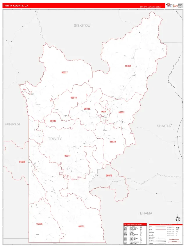 Trinity County, CA ZIP Code Wall Map, RedLine style