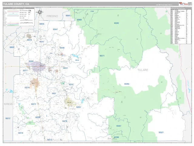 Tulare County, CA ZIP Code Wall Map, Classic style