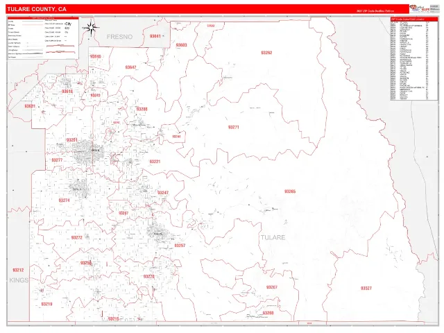 Tulare County, CA ZIP Code Wall Map, RedLine style