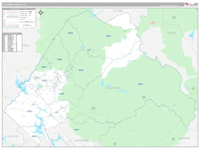 Tuolumne County, CA ZIP Code Wall Map, Classic style