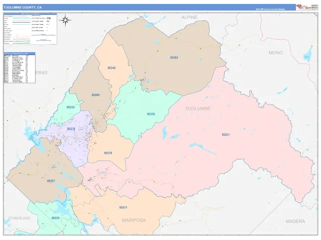Tuolumne County, CA ZIP Code Wall Map, ColorCast style