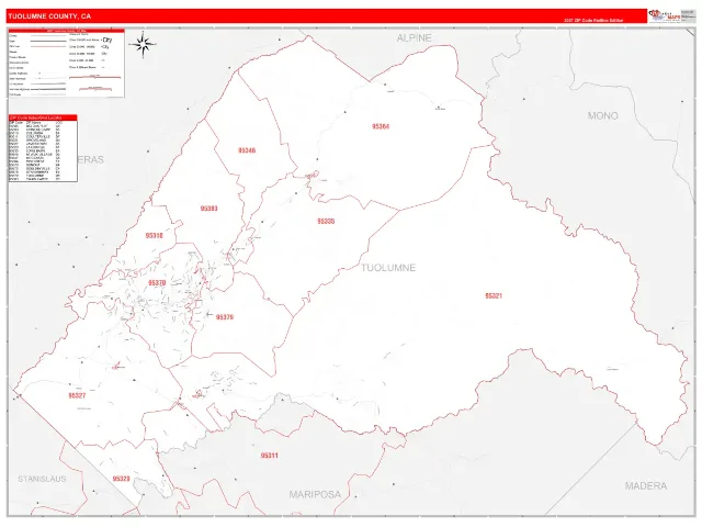 Tuolumne County, CA ZIP Code Wall Map, RedLine style