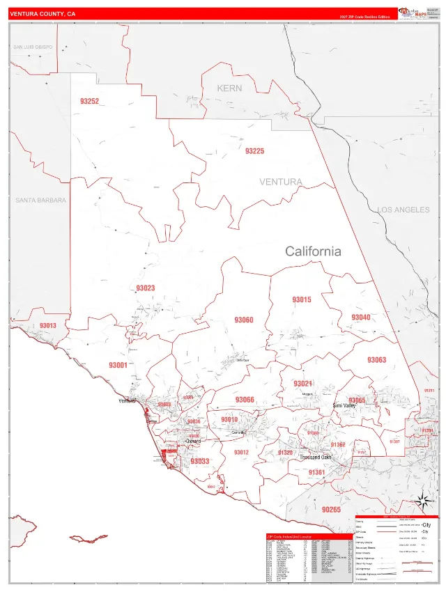 Ventura County, CA ZIP Code Wall Map, RedLine style