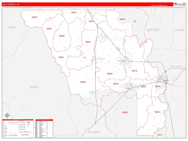 Yolo County, CA ZIP Code Wall Map, RedLine style