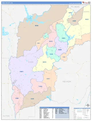 Yuba County, CA ColorCast style ZIP Code wall map