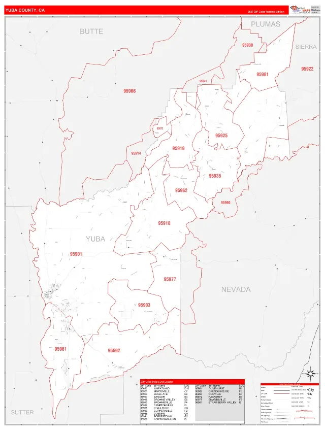 Yuba County, CA ZIP Code Wall Map, RedLine style