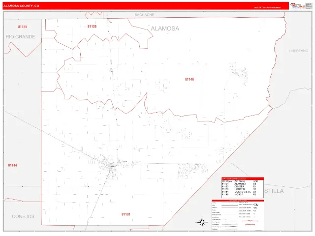 Alamosa County, CO ZIP Code Wall Map, RedLine style
