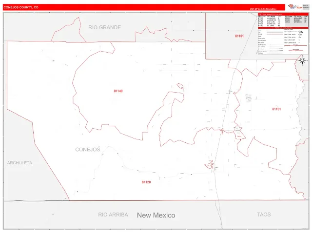 Conejos County, CO ZIP Code Wall Map, RedLine style